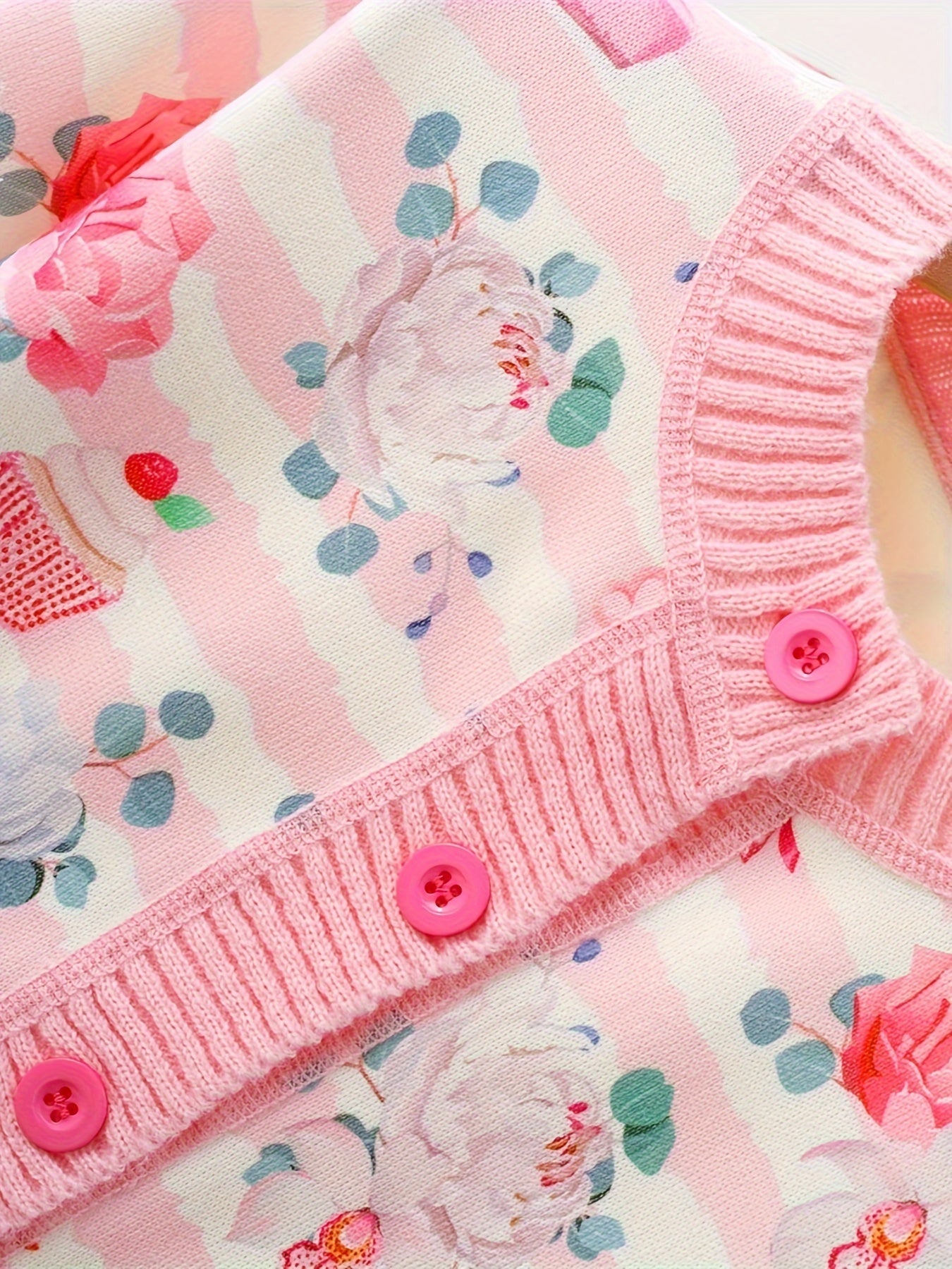 Charming Girl's Bow & Flower Print Knitted Cardigan - Cozy Long Sleeve Buckle Sweater Coat with Casual Sweet Style for Spring/Autumn - Soft, Warm, and Comfortable Clothing for Little Princesses