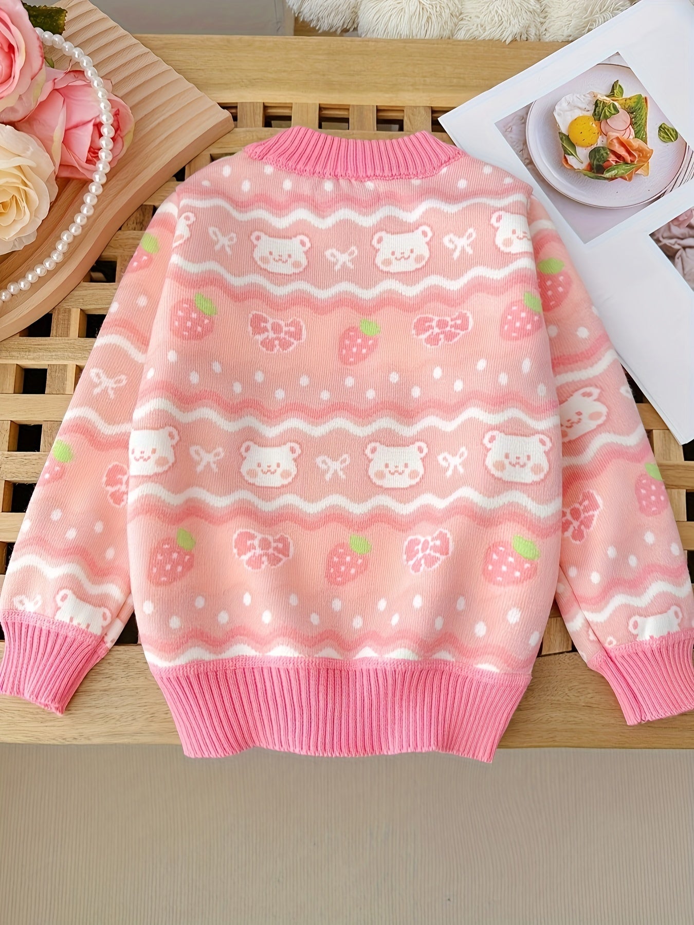 Girls Cozy Cartoon Bowknot & Bear Pattern Round Neck Thermal Lined Knit Sweater - Soft, Warm, and Breathable - Perfect for Autumn and Winter Season