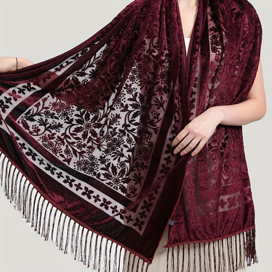 Vintage Velvet Jacquard Shawl - Tassel Detail, Elegant Warmth & Sun-Proof Accessory for Evening Events