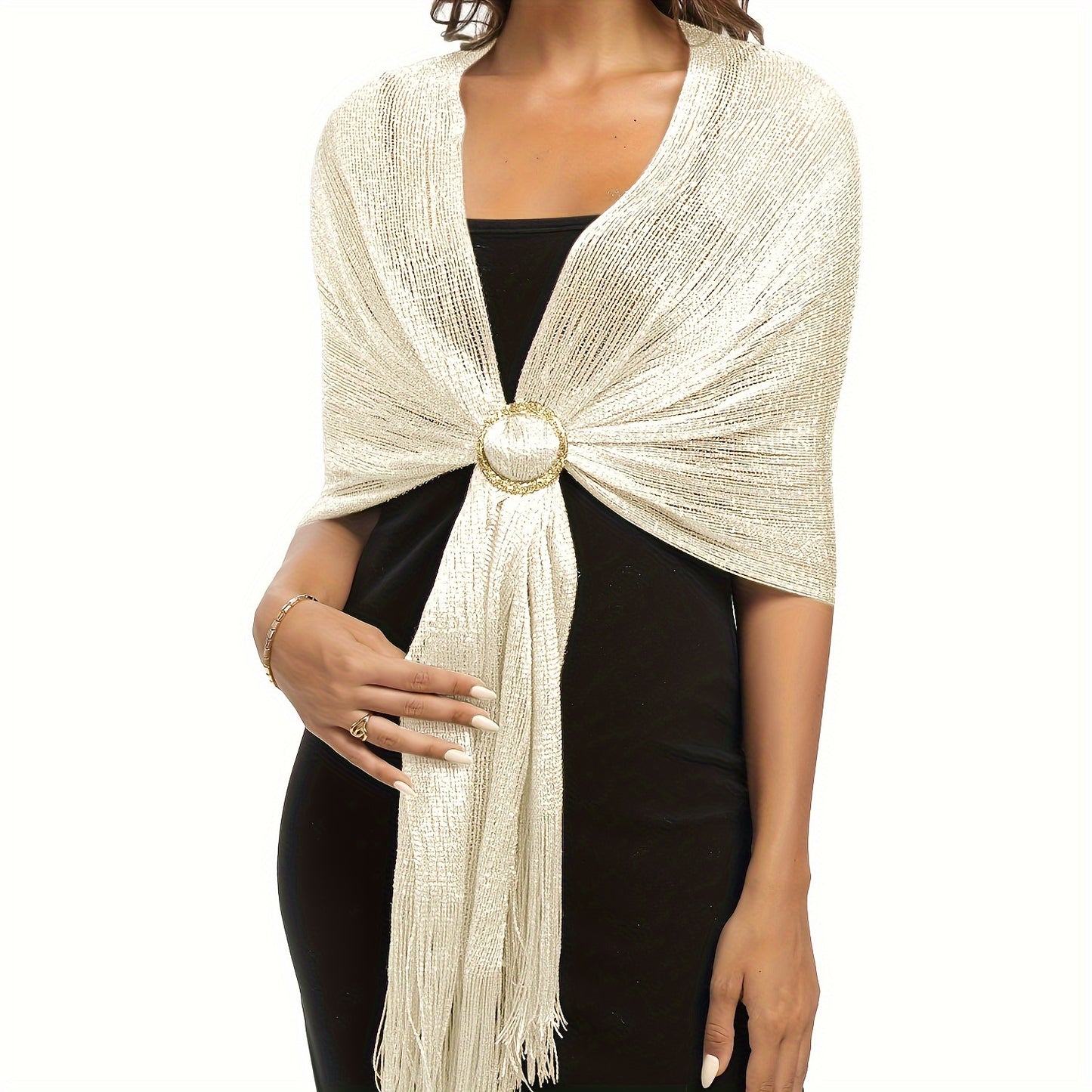 Shimmering Metallic Glam Shawl - Round Buckle Tassel Wrap - Perfect for Evening Parties & Weddings - A Versatile Dress-Up Accessory