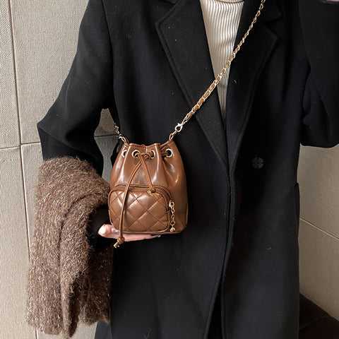 benpaolv  Mini Argyle Quilted Bucket Bag, Fashion Chain Crossbody Bag, Women's Drawstring Handbag Purse