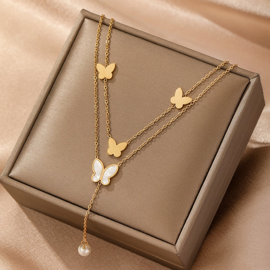 1pc Stainless Steel 18K Gold Plated Double Layered Butterfly Necklace, Elegant And Romantic Style, Ideal For Gift-giving Lady, Daily Commute And Holiday Party Wear