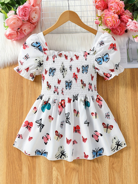 Adorable Girls' Square Neck Peplum Blouse - Smocked Details, Puff Sleeve, Casual Sweet Style, Perfect Summer Top for Little Princesses