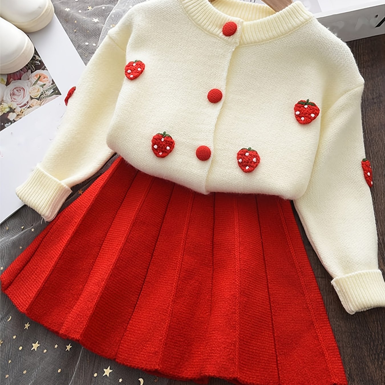 Girls Knit Cardigan Sweater & Pleated Skirts Set Baby Kids Clothes For Spring Fall