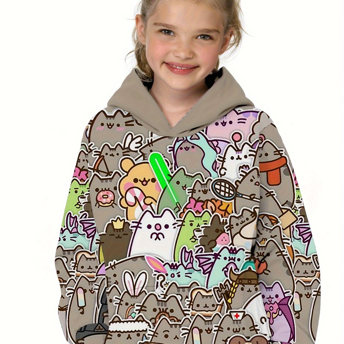 Adorable Cartoon Kitten Hoodie - Soft, Long Sleeve, Loose Fit, Versatile Sweatshirt with Kangaroo Pocket for Girls - Perfect Fall Winter Clothing for Casual Daily Wear