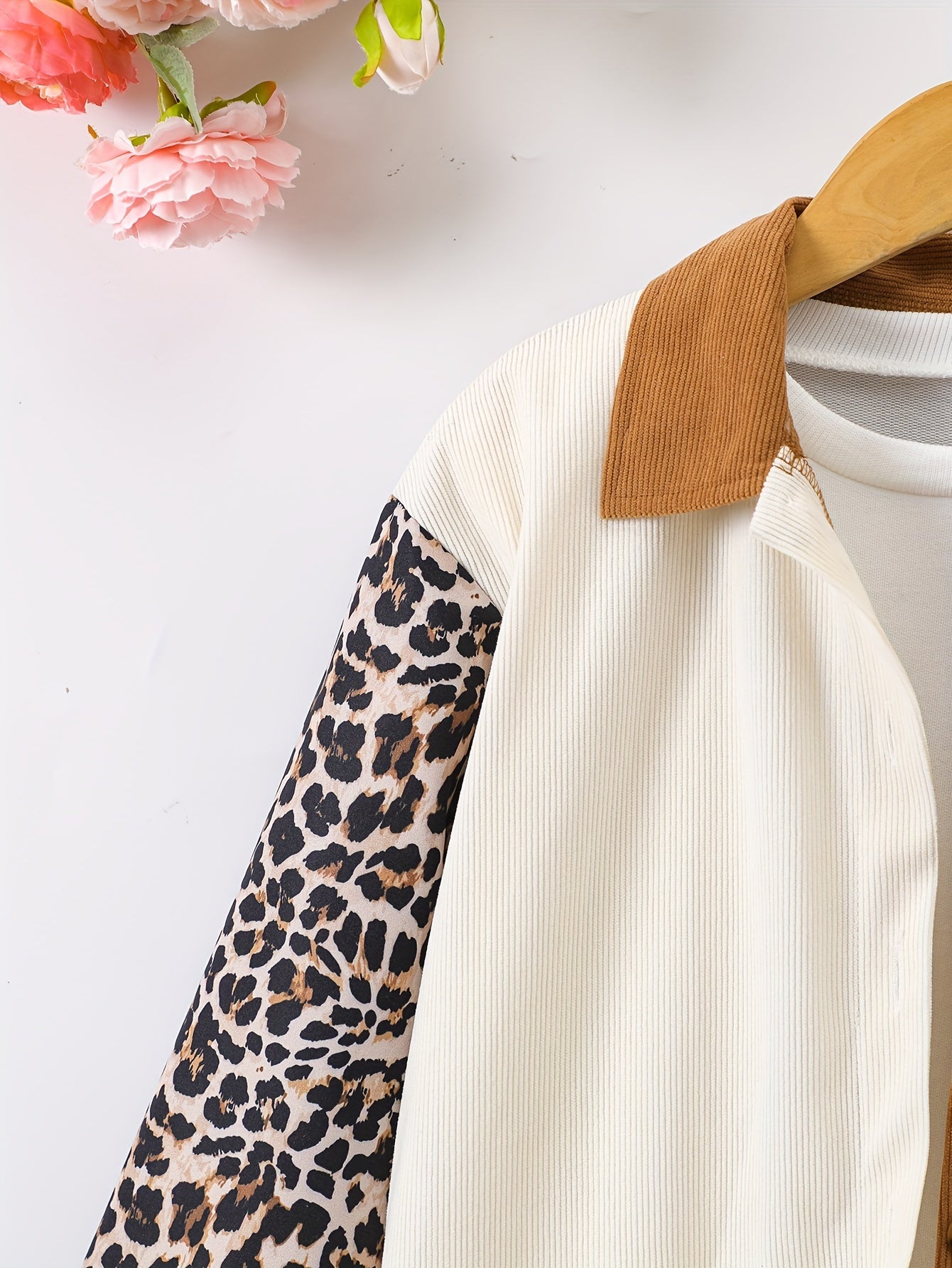 Girls Stylish Leopard Contrast Color Corduroy Long Sleeve Jacket Shirt Top With Pocket, Spring/Fall Clothing