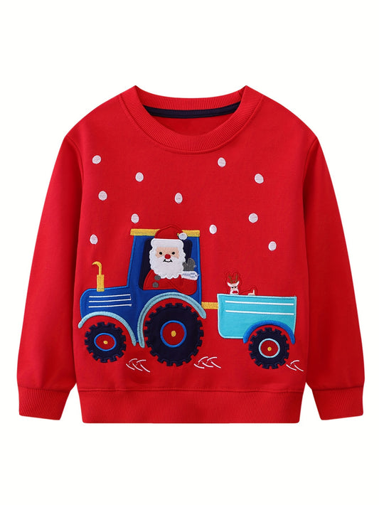 Cartoon Santa Embroidered Sweatshirt - Fashion Sweatshirts for Boys with Casual Creative Design, Stretch Fabric, Comfortable Spring/Autumn Wear for Relaxed Daily Outings