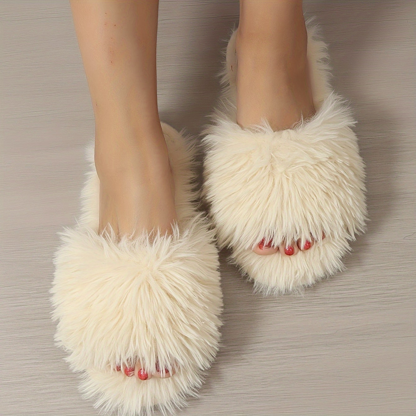 Ultimate Winter Comfort - Luxurious Faux Fur Open Toe Slippers - Ultra-Soft Fluffy Plush, Solid Color, Warm Flat Shoes for Cozy Indoor Relaxation