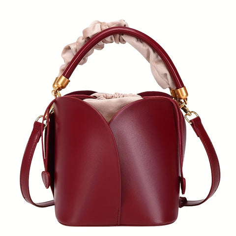Luxury Genuine Leather Bucket Bag, Women's Mini Drawstring Handbag, Fashion Petal Cylinder Shoulder Purse