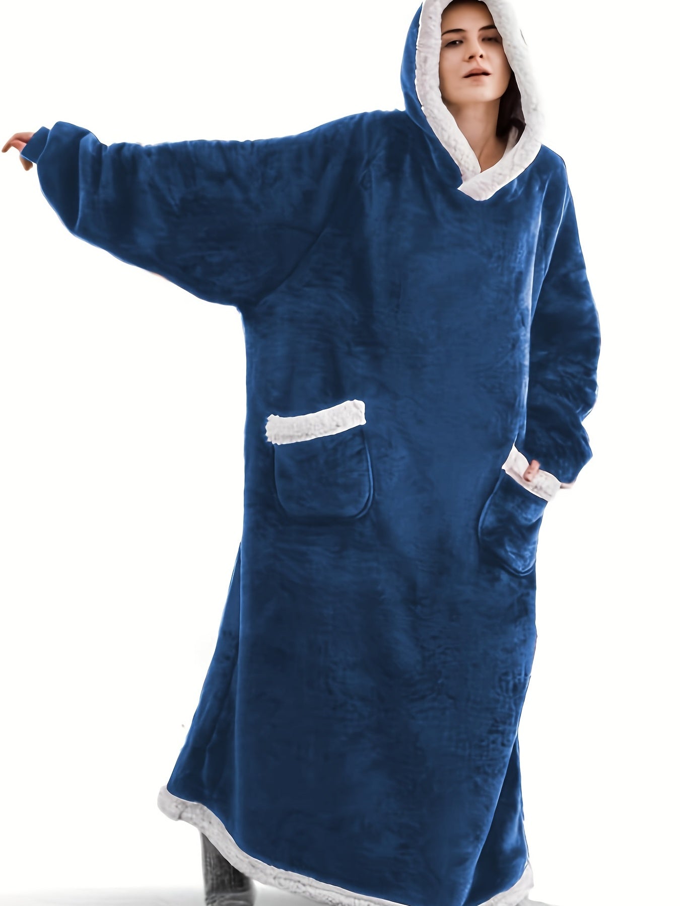 Plus Size Cozy Winter Wearable Fleece Blanket Robe - Soft Flannel Long Sleeve Hooded Design with Pockets for Relaxation - Perfect for Cold Weather Lounging and Outdoor Activities