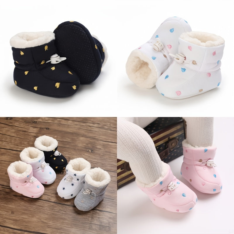 Cute Star Heart Comfortable Boots For Baby Boys And Girls, Soft And Warm Plus Fleece Boots For Indoor Outdoor Walking, Autumn And Winter