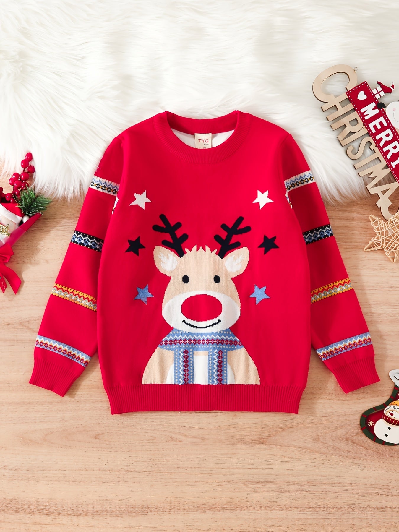 Elk Cartoon Sweater - Long Sleeve, Knitted, Boys' Fall Winter Gift, Cartoon Pattern, Kids' Size, Cozy Wear for Chilly Days