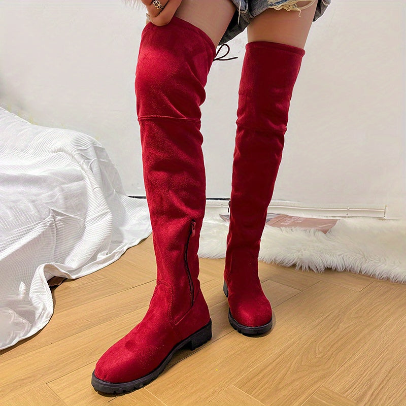 Low Heel Womens Block Heel Over The Knee Boots - Comfy Flannel Lined, Non Slip TPR Sole, Round Toe, Side Zipper, Pull On Closure, Faux Leather Insole, Solid Color, Casual Platform Boots for Outdoor