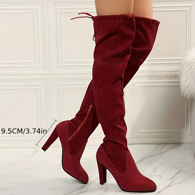 Stunning Women's Over The Knee Block Heeled Boots - Solid Color, Pointed Toe, Lace Up, Comfortable, High-Quality, Fashionable Footwear for Women - Perfect for Daily Wear, Party, and Special Occasions