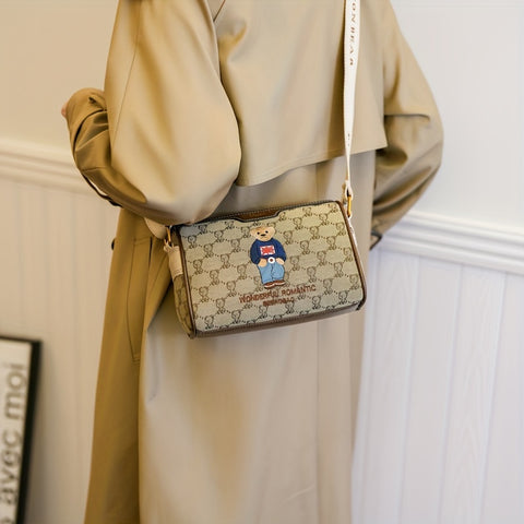 benpaolv  Cute Bear Embroidery Crossbody Bag, Cartoon Zipper Purse, Casual Wide Strap Shoulder Bag For Women
