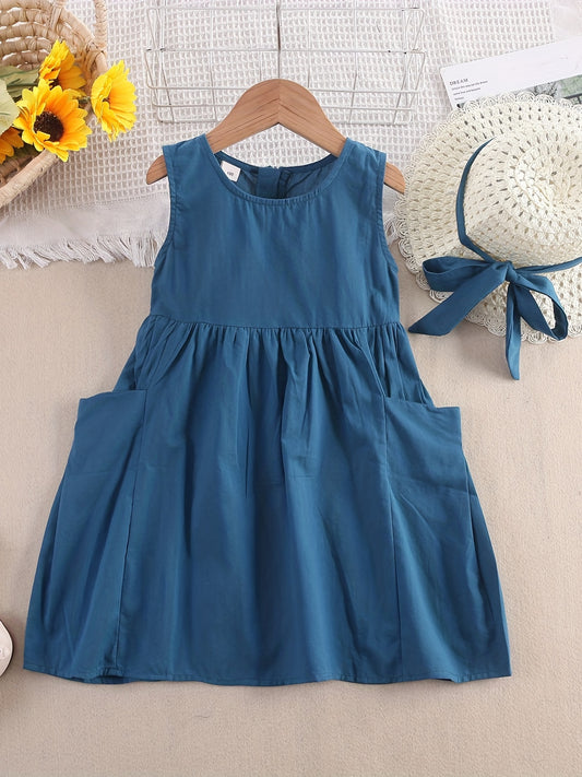 2pcs Adorable Girls Casual Sleeveless A-line Pockets Dress and Hat Set - Soft Cotton, Non-Stretch, Solid Color, Hand Washable, Perfect for Summer Vacation and Outdoor Play - Dressy Tunic Style for Little Princesses