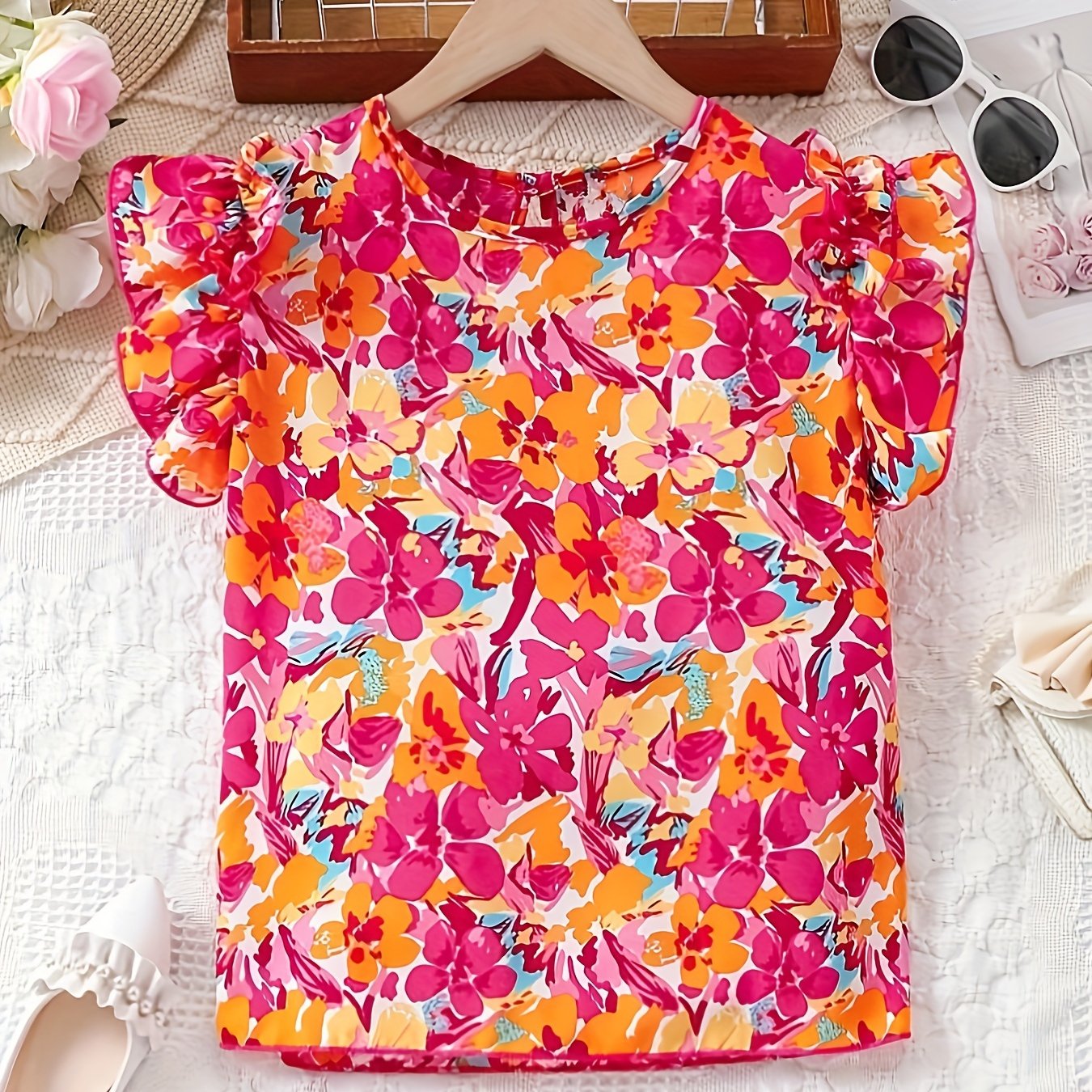 Stunning Floral Ruffle Sleeve Blouse - Vibrant Crew Neck Top for Girls - Sweet Casual Summer Wear with Relaxed Fit and Soft Fabric