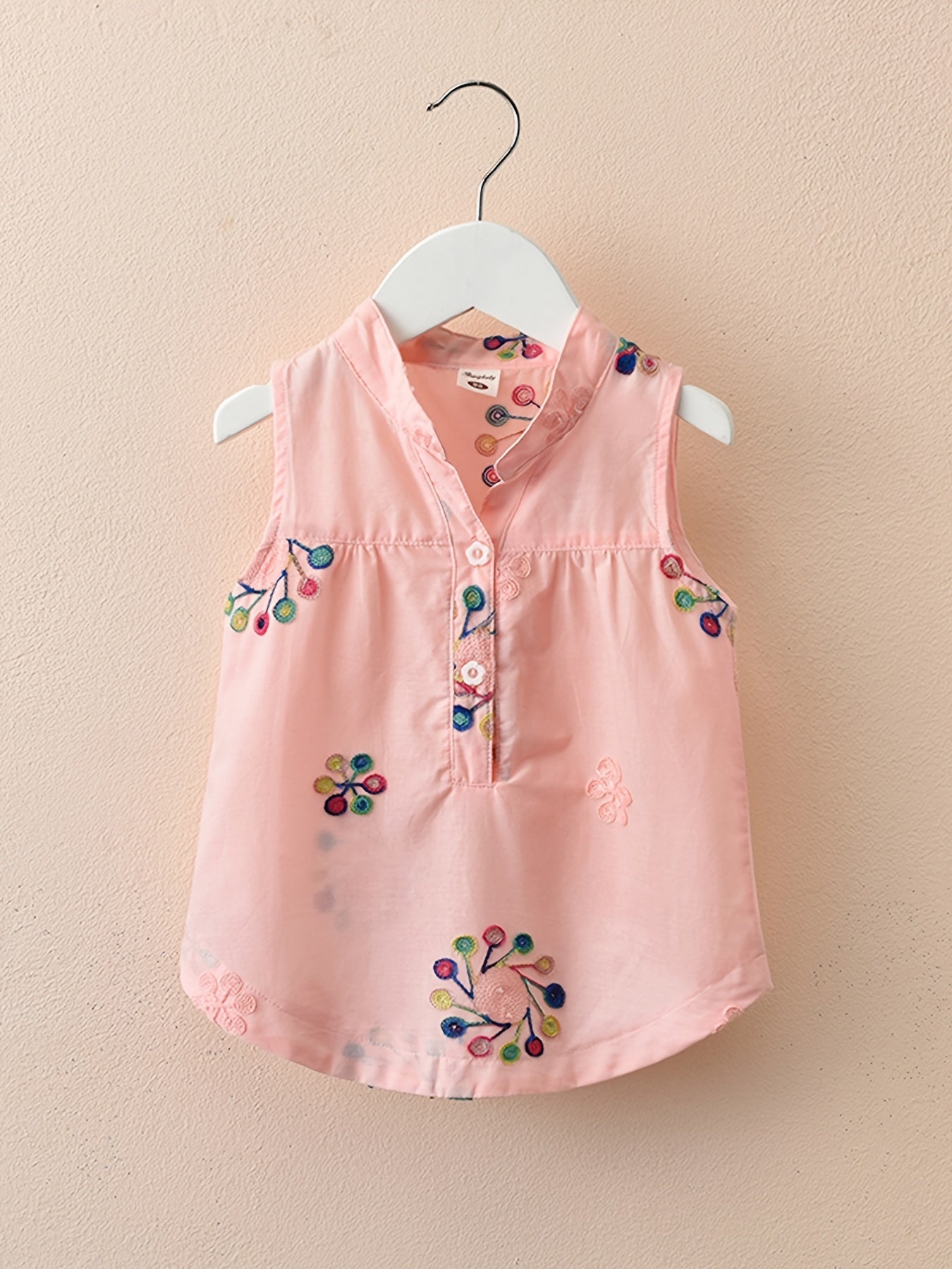 Adorable Floral Embroidered Sleeveless Blouse for Toddler Girls - Button Front, Curved Hem, Casual Summer Top - Perfect for Little Princesses