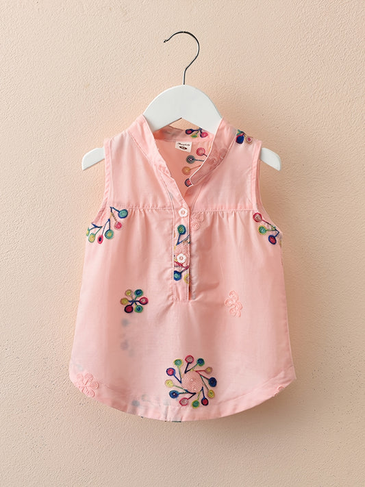 Adorable Floral Embroidered Sleeveless Blouse for Toddler Girls - Button Front, Curved Hem, Casual Summer Top - Perfect for Little Princesses