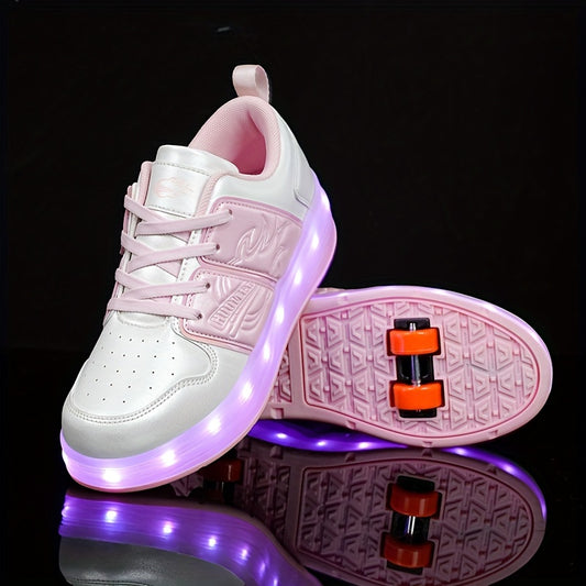 LED-Illuminated Skate Sneakers for Kids - Plaid Low Top Lace-Up Sports Shoes with Removable Skating Rollers, Abrasion-Resistant, All-Season Casual and Hiking Footwear for Boys and Girls, Hand Washable, with Fabric Inner and Insole, PU Upper, and TPR Sole