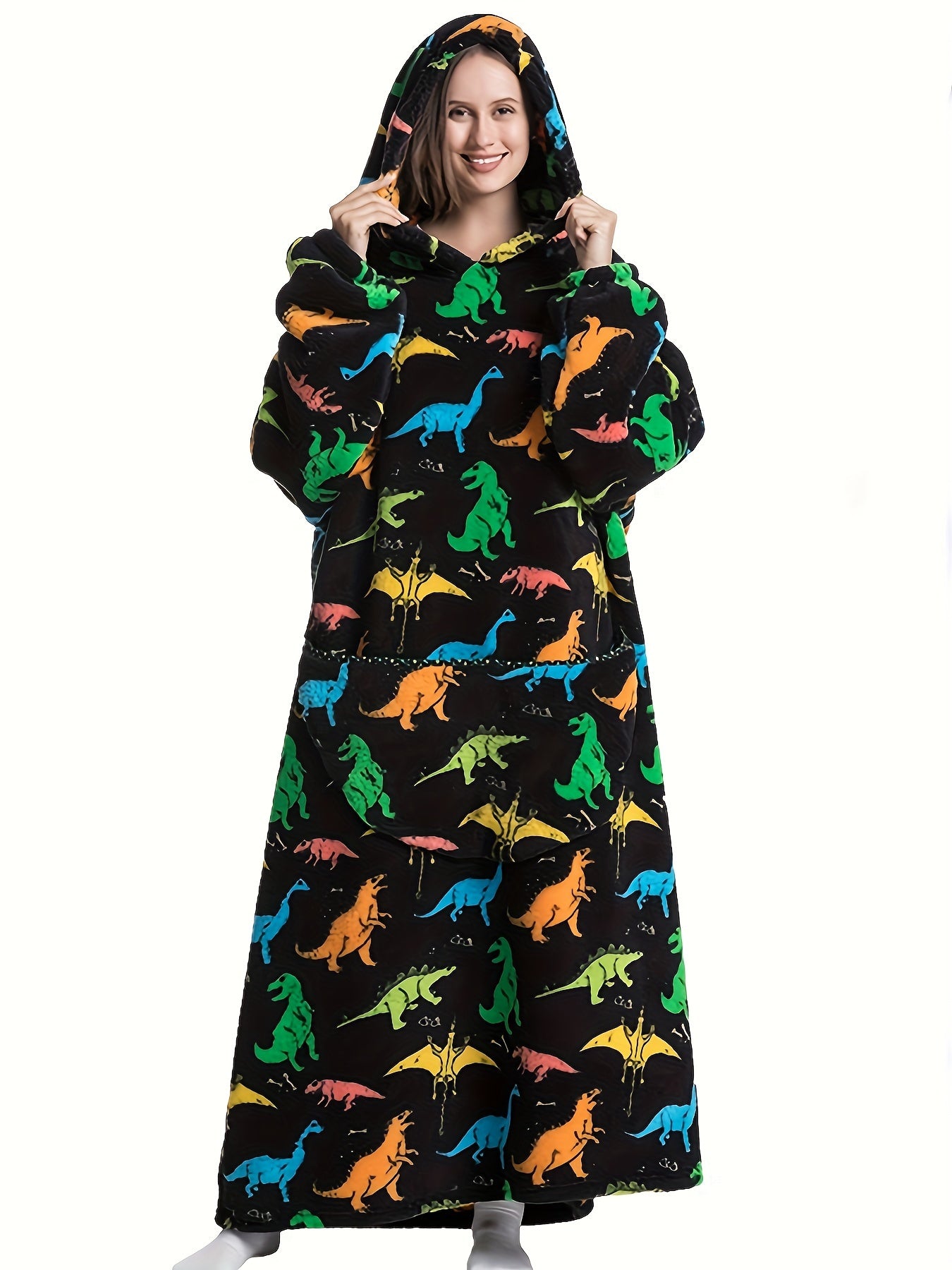 Plus Size Cute Nightgown, Women's Plus Puppy Print Long Sleeve Cozy Flannel Hooded Wearable Blanket With Pockets