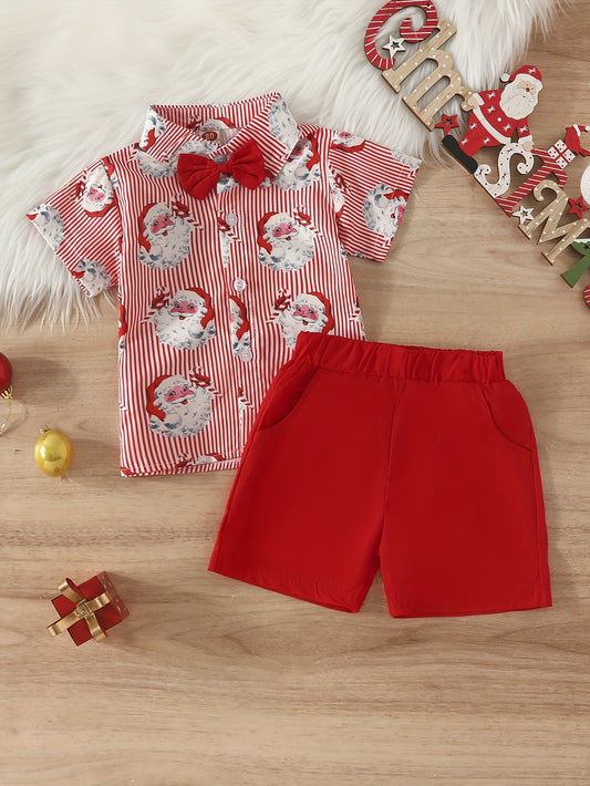 Boys' Cute Christmas Striped Santa Head Print Shirt Shorts Outdoor Set for Kid's Party Casual Clothes