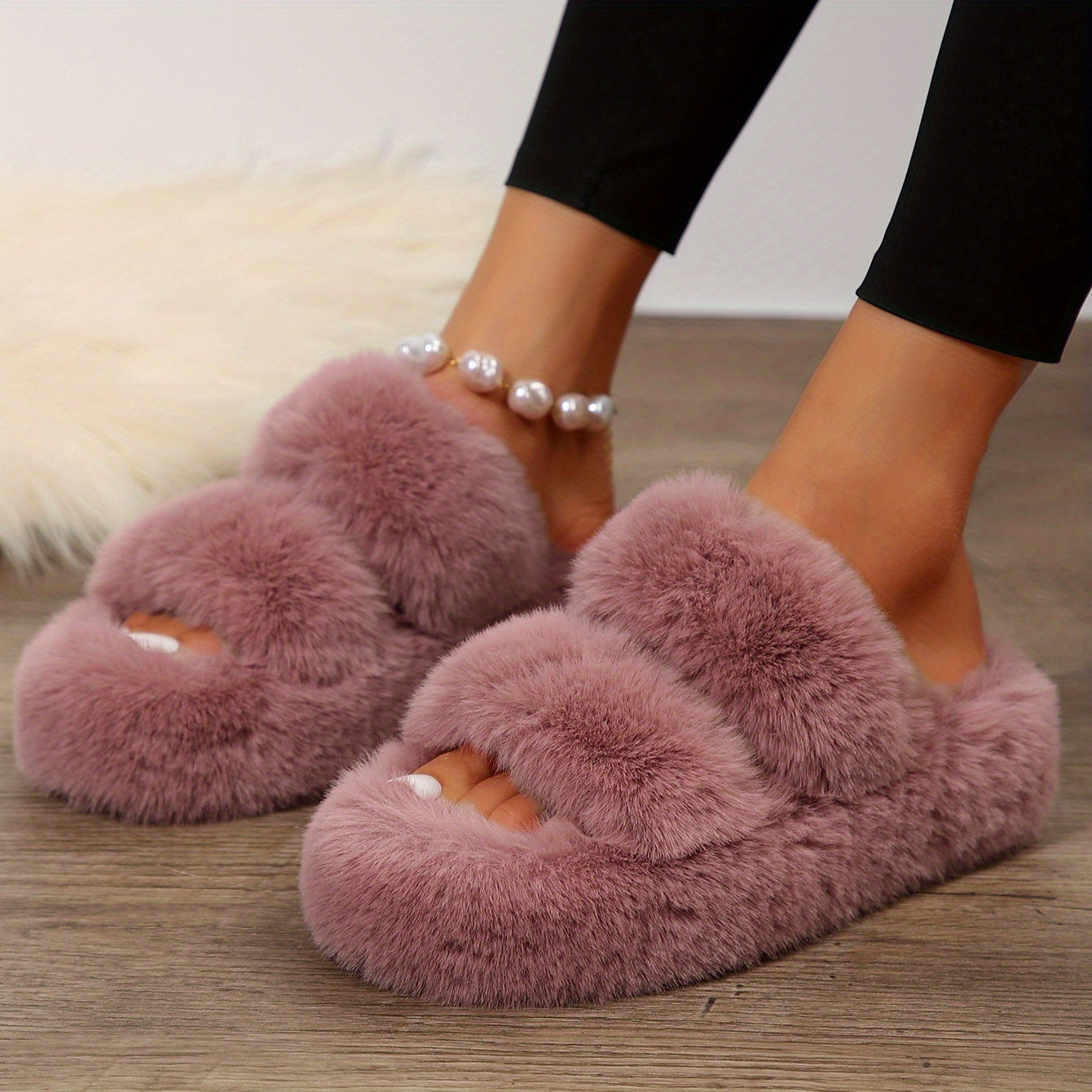 Double Band Fluffy Plush Home Slippers, Solid Color Open Toe Fuzzy Furry Shoes, Winter Cozy & Warm Slippers