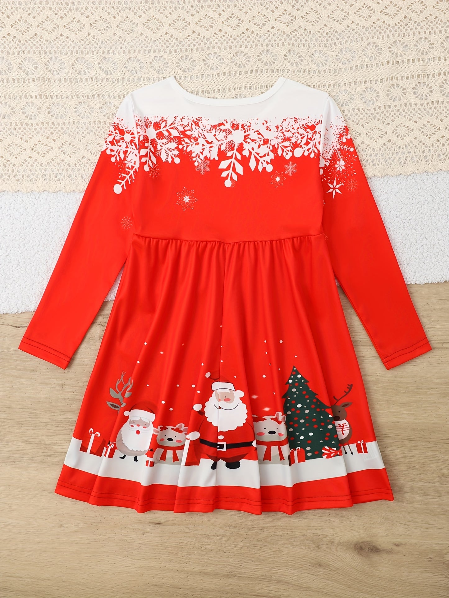 For Spring Fall Christmas Gift, Long Sleeve Girls Sweet Santa & Christmas Tree Graphic Dress