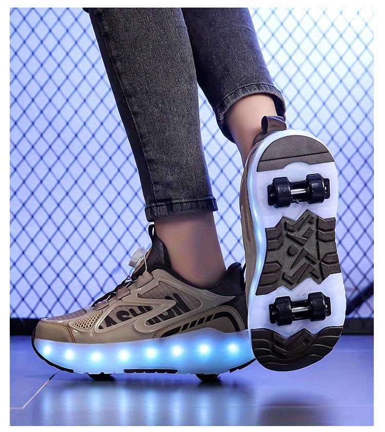 Trendy Cool Low Top Roller Skateboard Shoes With Charging LED Light For Boys, Breathable Anti Slip Wheel Shoes For Indoor Outdoor, All Seasons