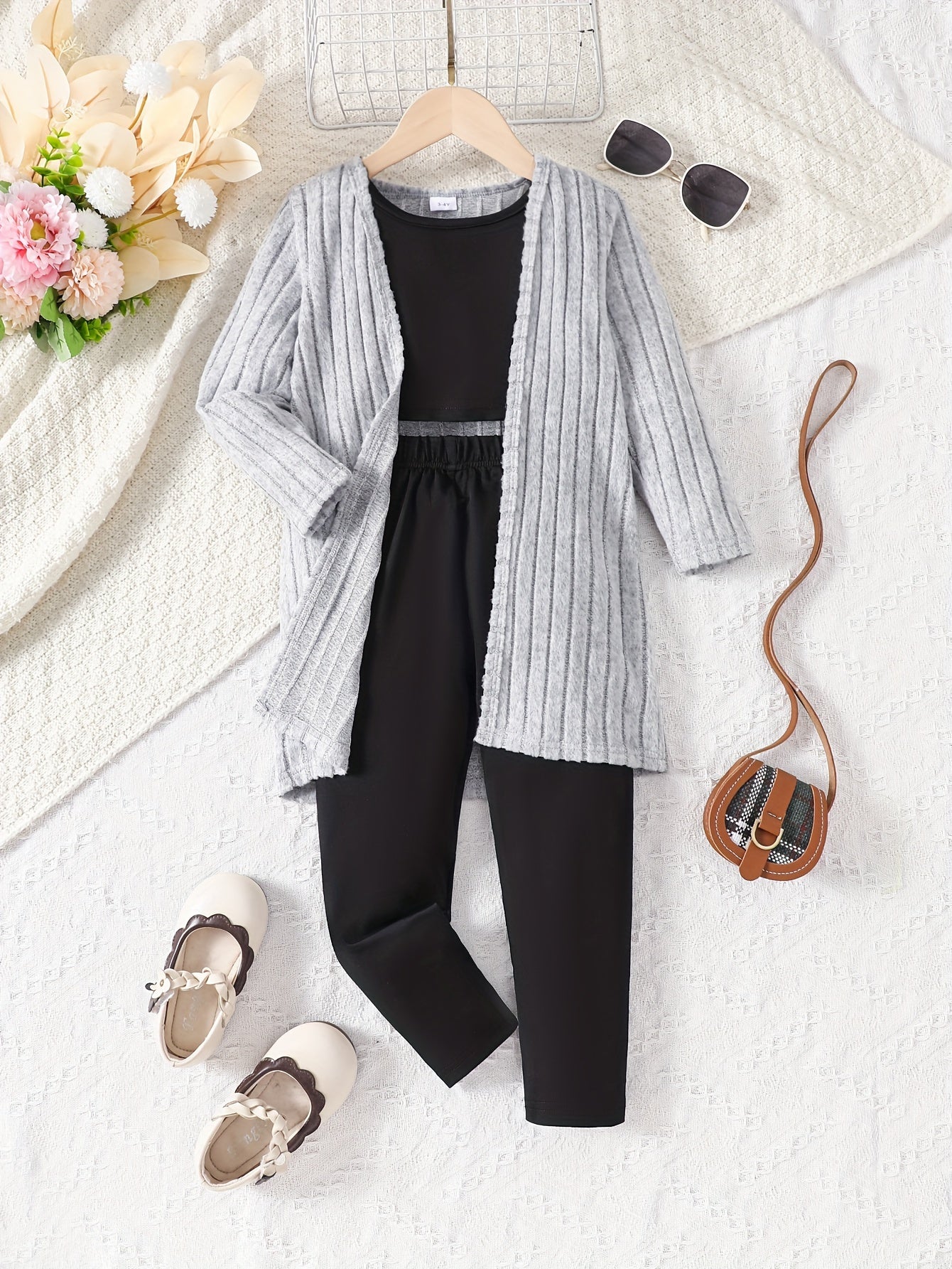 3-Piece Elegant Longline Knit Cardigan Set - Soft, Cozy, and Chic Fall/Winter Daily Casual Outfit for Girls - Tank Top and Slim-Fit Trousers Included