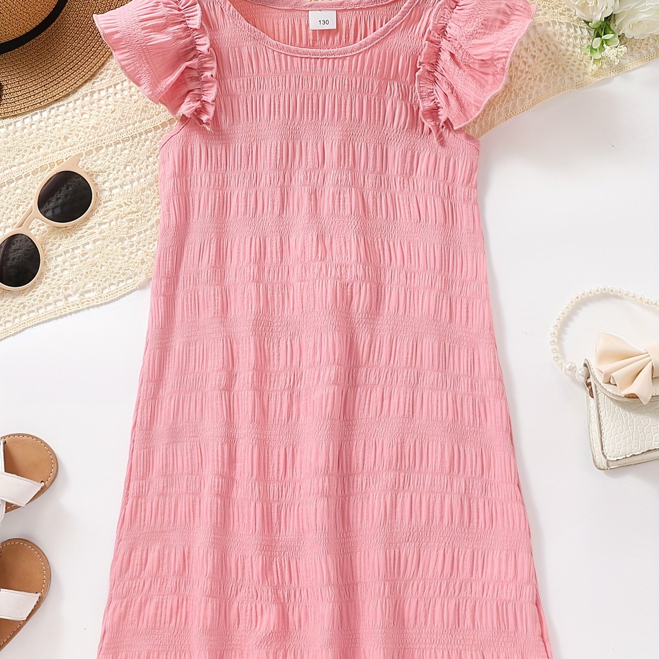 Knee High Ruffle Sleeve Elegant Dress for Teen Girls - Crew Neck, Solid Color, Slight Stretch, Polyester, Short Sleeve, Woven - Perfect Summer Holiday Gift