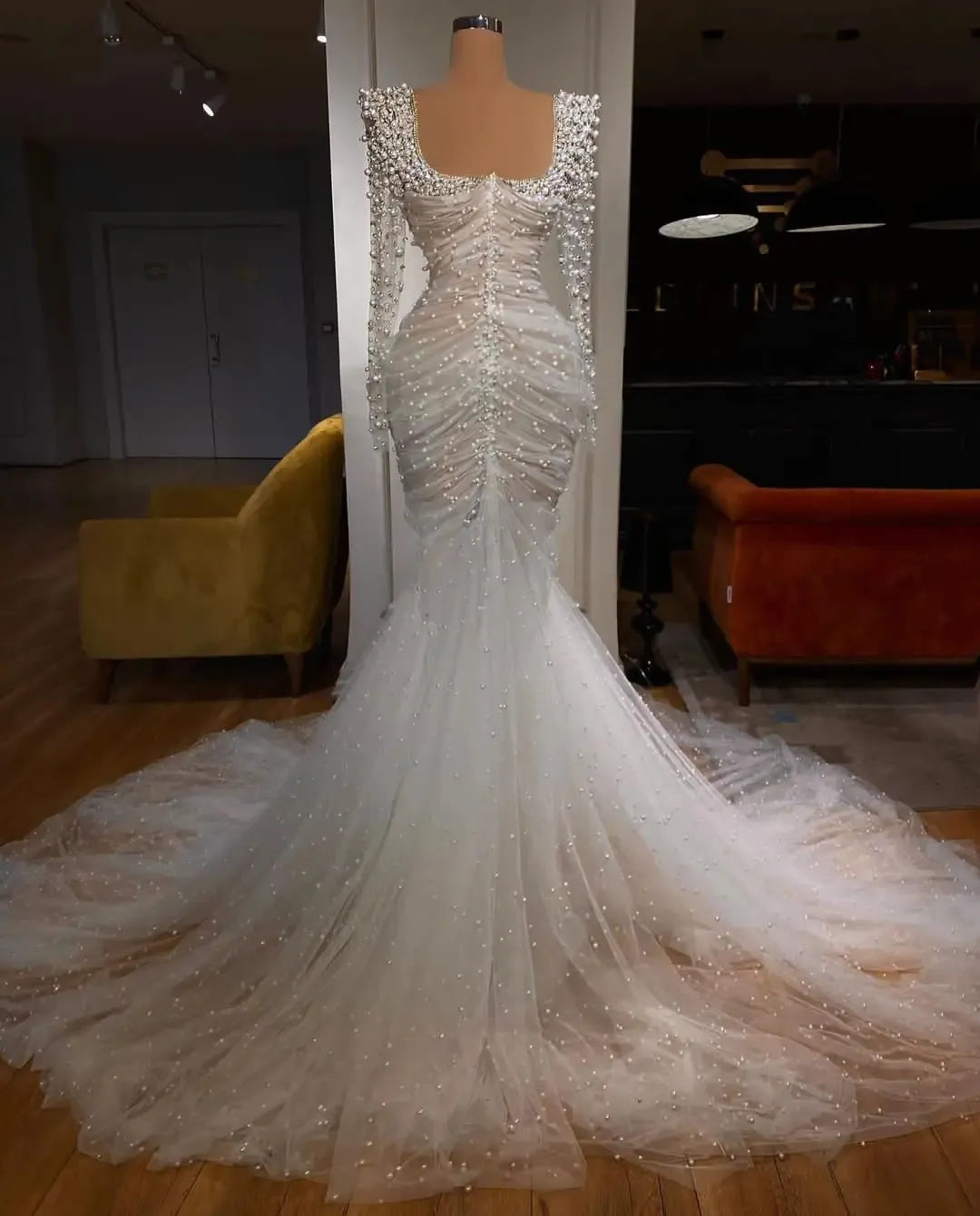 Luxury Bridal Gowns Pearls Beaded Mermaid Wedding Dress See Through Long Sleeve Custom Made Bride Dresses Vestido de novia