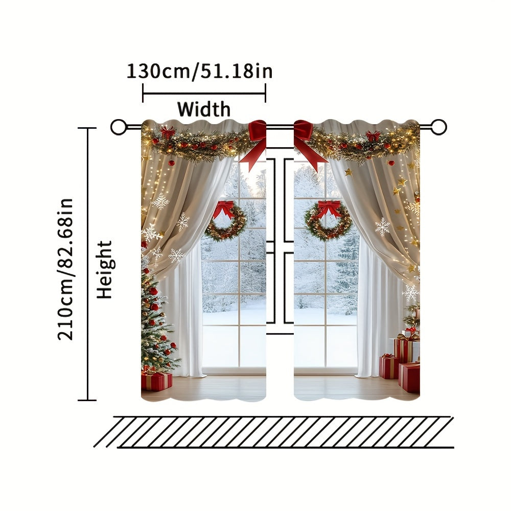 2pcs Set Christmas Digital Print Curtains with Green Leaf Edge - Rod Pocket Design for Living Room, Bedroom, Kitchen & Office Decor