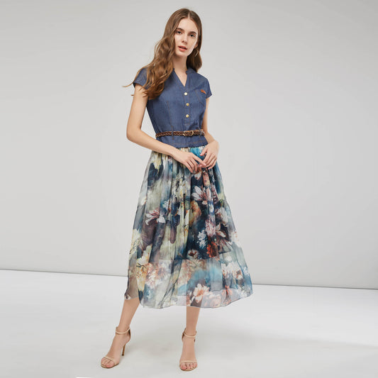 summer new New  women's clothing  dress denim printing V-neck slim-fitting and thin medium and long dress