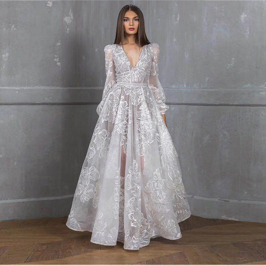 New  women's bead dress  new lace embroidered wedding dress evening dress banquet dress