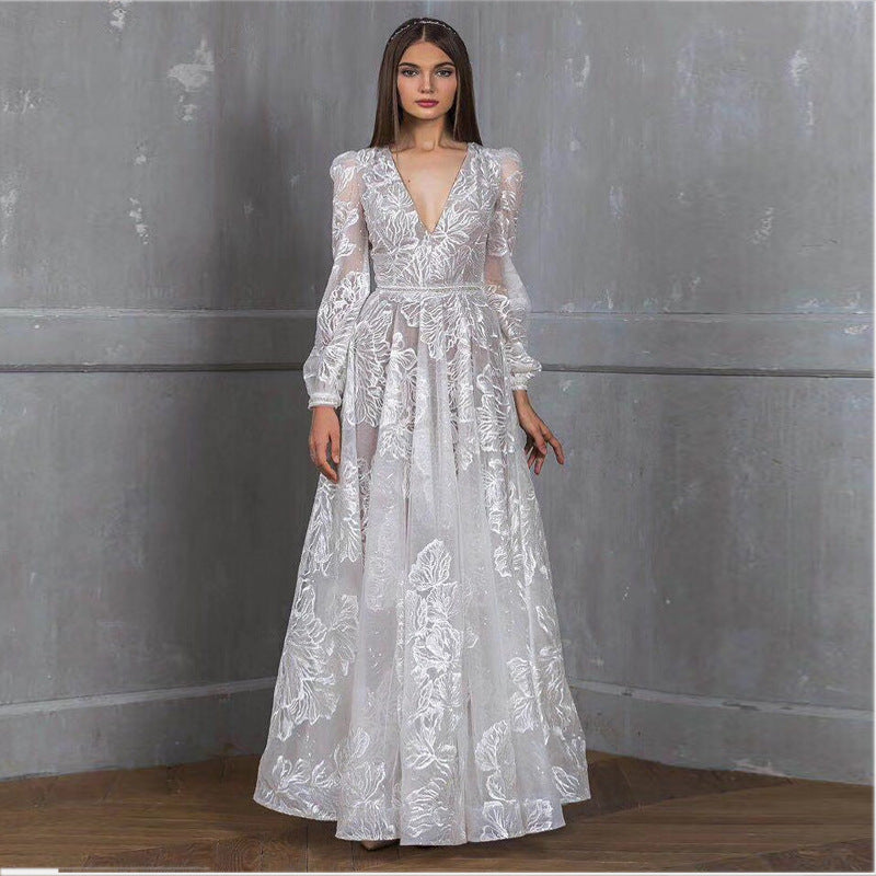 New  women's bead dress  new lace embroidered wedding dress evening dress banquet dress