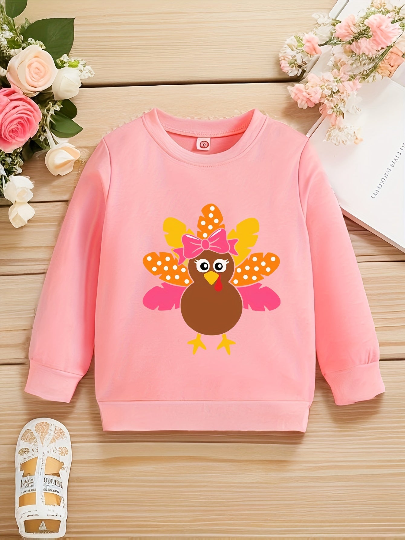 Cute Turkey Print Crew Neck Pullover Sweatshirt for Girls - Soft Medium Stretch Polyester, Regular Fit, Machine Washable, Fall/Winter Seasonal Wear - Perfect for Autumn Party and Thanksgiving Celebration