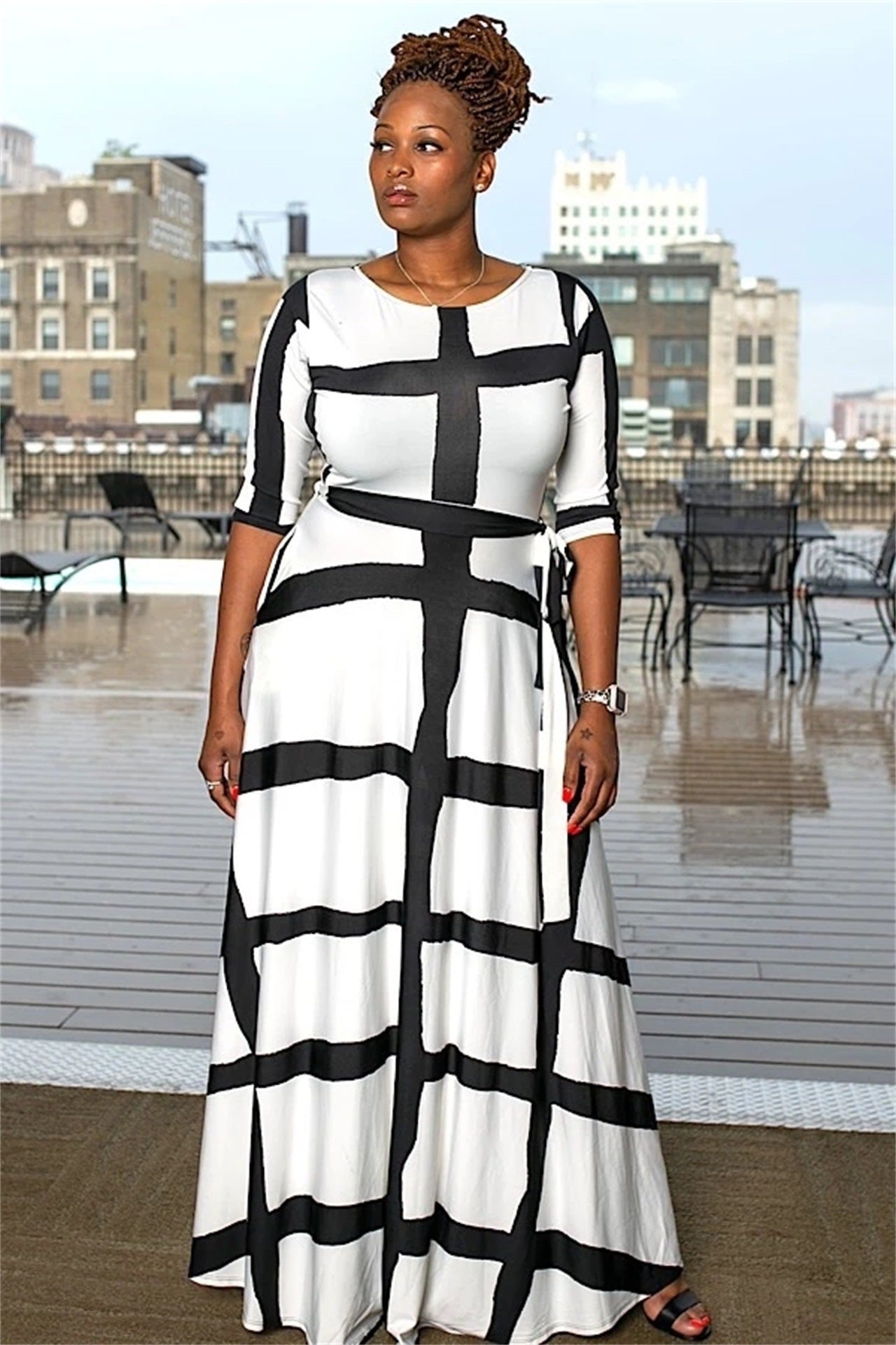 2025ins  large-size women's clothing  independent station fashion stripe positioning printing five-quarter sleeve dress