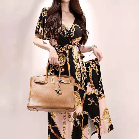 spring and summer new  women's clothing  printed dress temperament V-neck gold chain lace-up waist dress