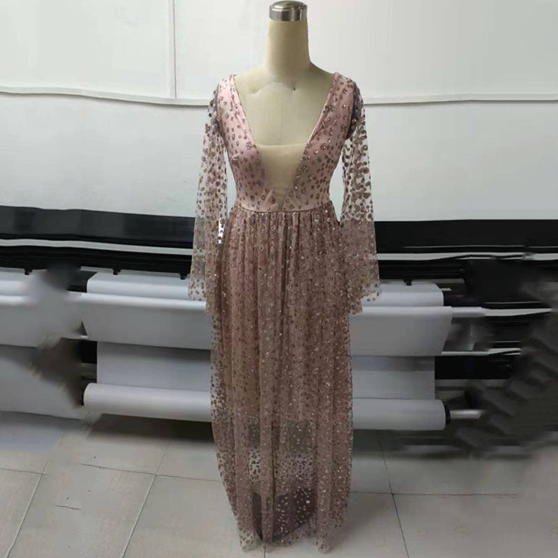 spring and summer New,  women's clothing new  dress long-sleeved deep V long dress perspective sprinkling gold dress