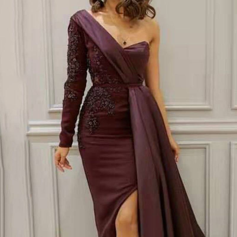 new Popular trade  summer dress dinner party single shoulder temperament split fork and thin large size slim evening dress