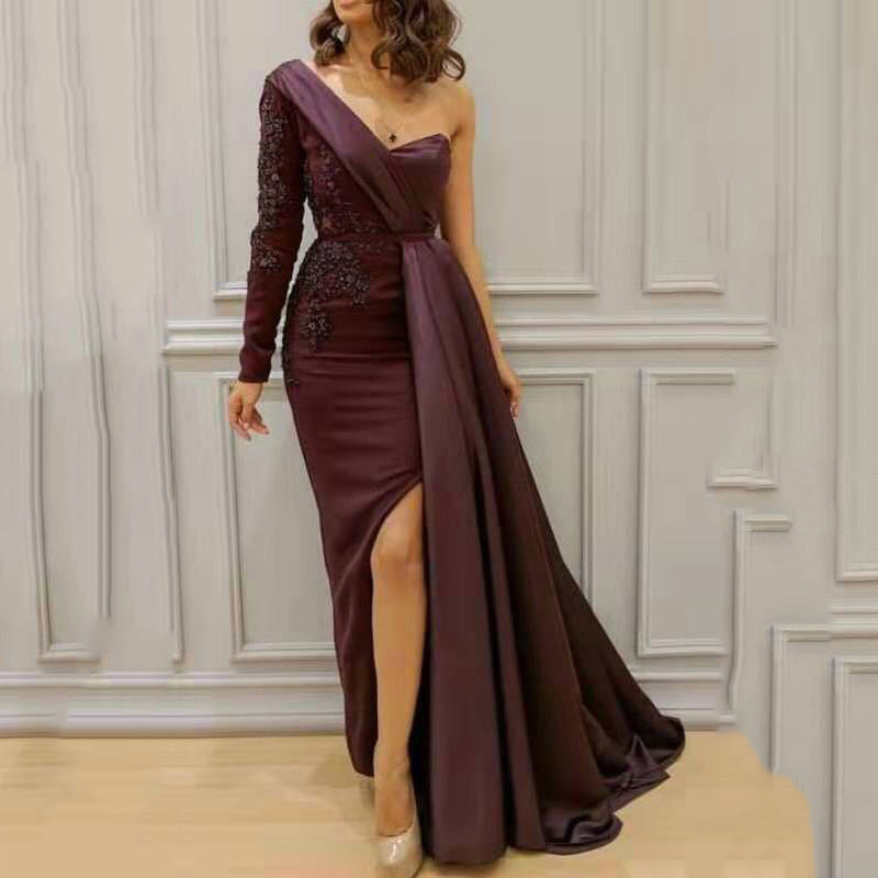 new Popular trade  summer dress dinner party single shoulder temperament split fork and thin large size slim evening dress