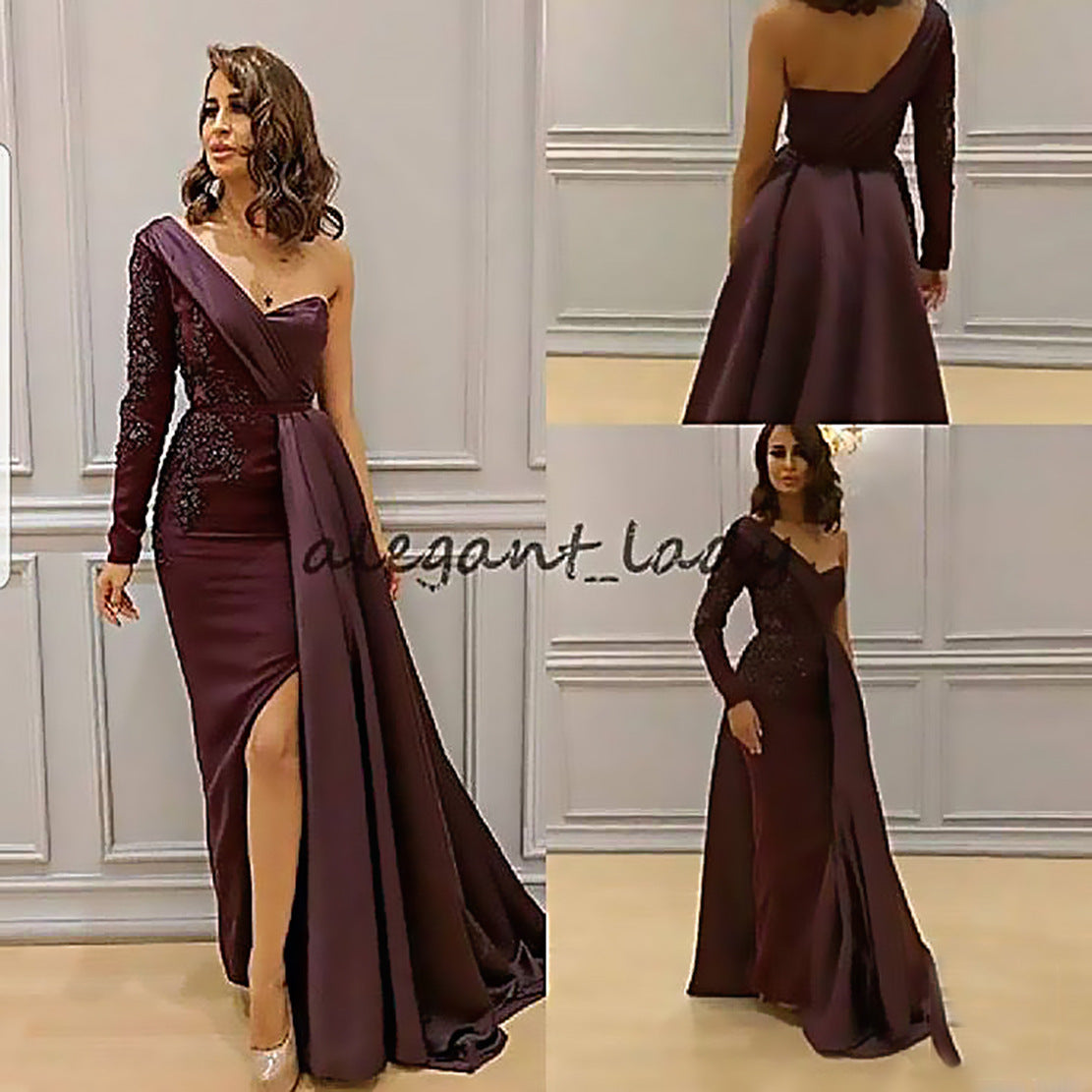 new Popular trade  summer dress dinner party single shoulder temperament split fork and thin large size slim evening dress