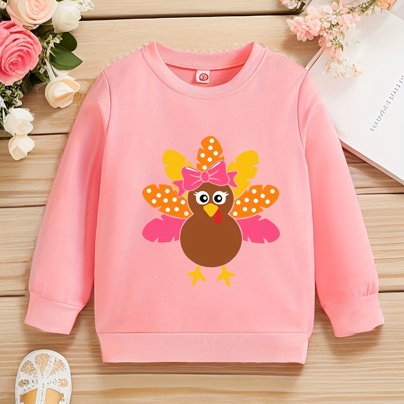 Cute Turkey Print Crew Neck Pullover Sweatshirt for Girls - Soft Medium Stretch Polyester, Regular Fit, Machine Washable, Fall/Winter Seasonal Wear - Perfect for Autumn Party and Thanksgiving Celebration