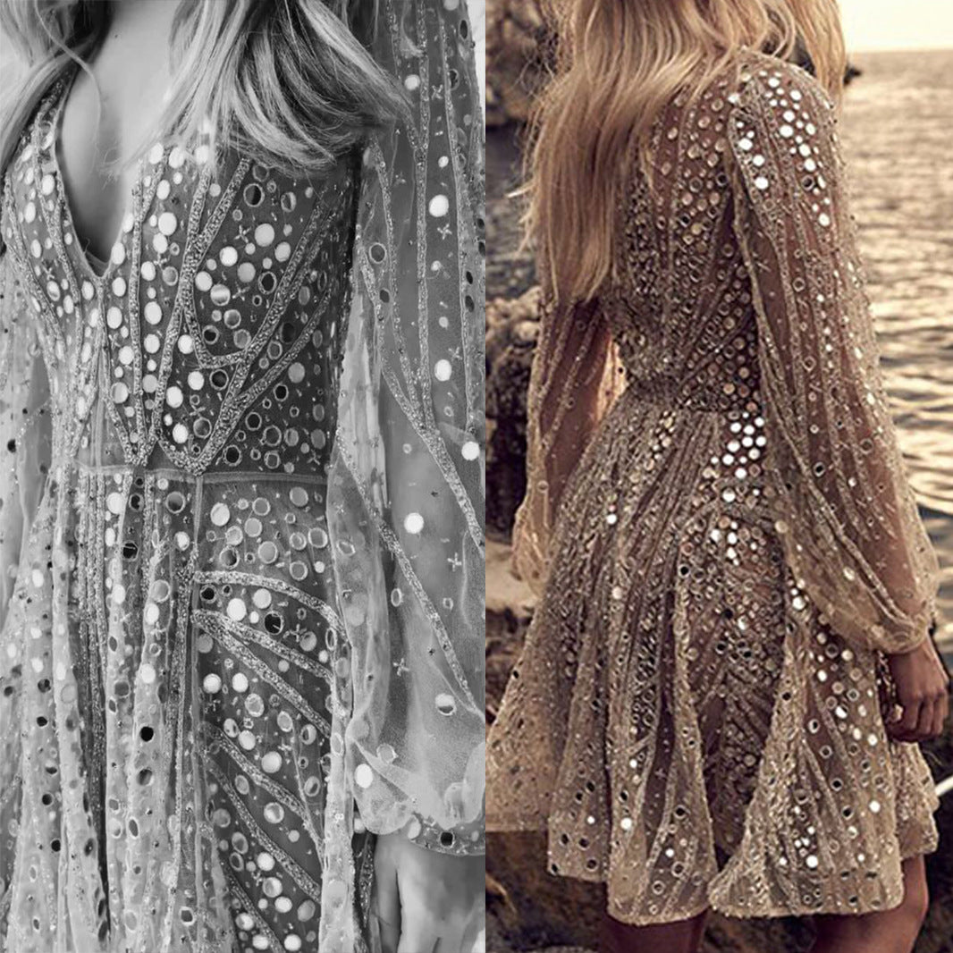 spring and summer new New  women's clothing , dress long sleeve deep V medium skirt perspective sequined dress