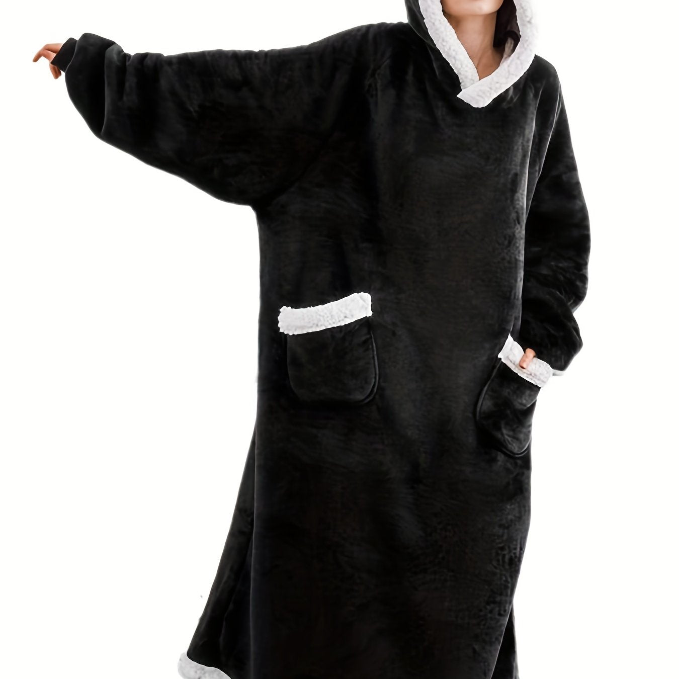 Cozy Plus-Size Hooded Fleece Robe - Winter Casual Comfort with Pockets & Stretch Fabric, Machine Washable