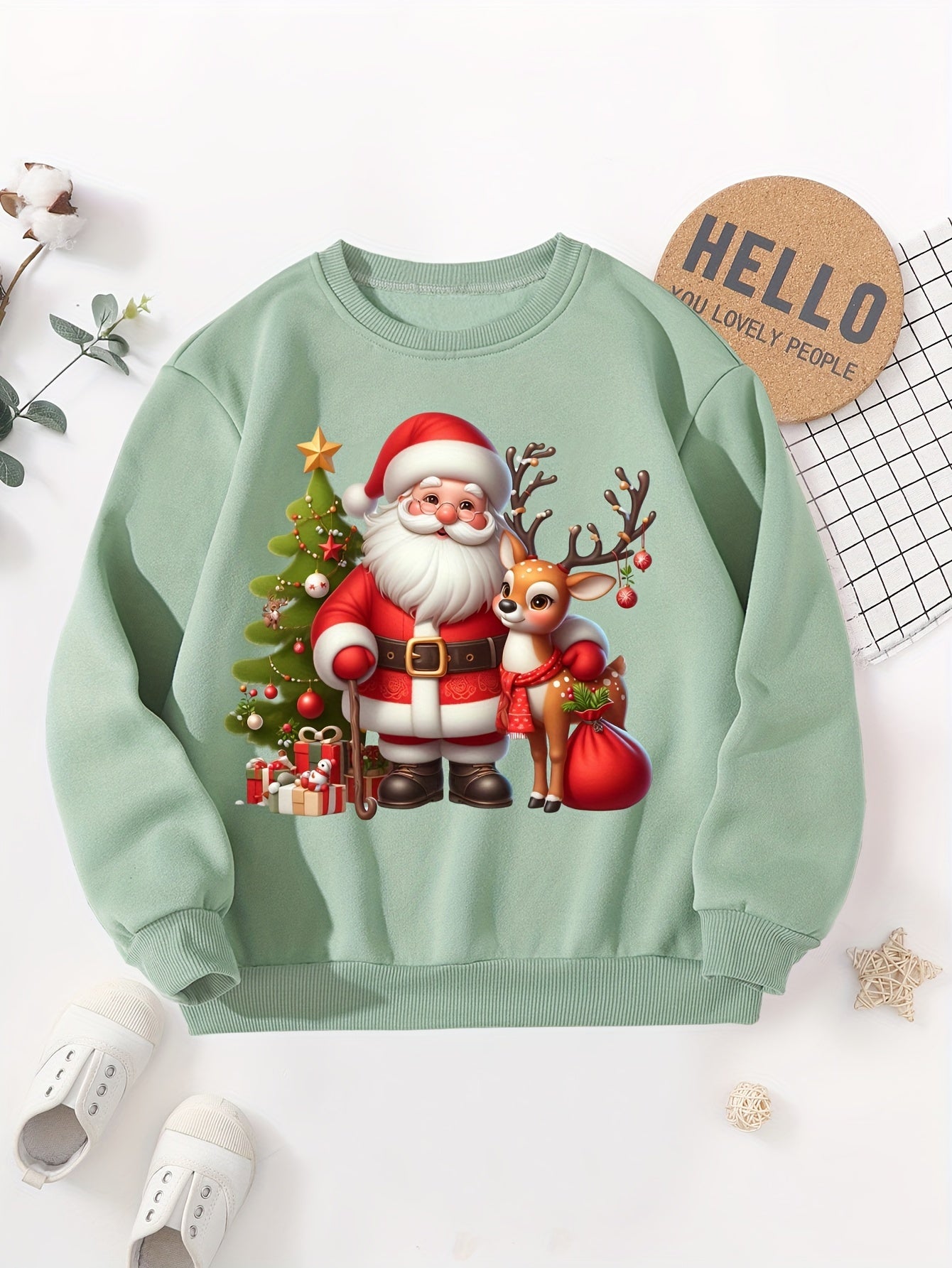 1pc Festive Christmas Santa and Reindeer Print Long Sleeve Pullover Sweatshirt for Boys, Casual Round Neck Polyester Knitwear with Embroidered Details, Regular Fit for Autumn/Winter