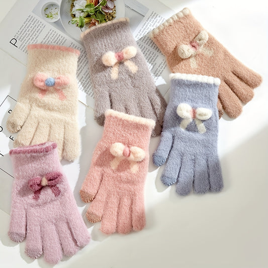 Cute Bowknot Knit Plush Gloves Short Plus Velvet Warm Touch Screen Gloves Women's Autumn Winter Thickening Coldproof Gloves