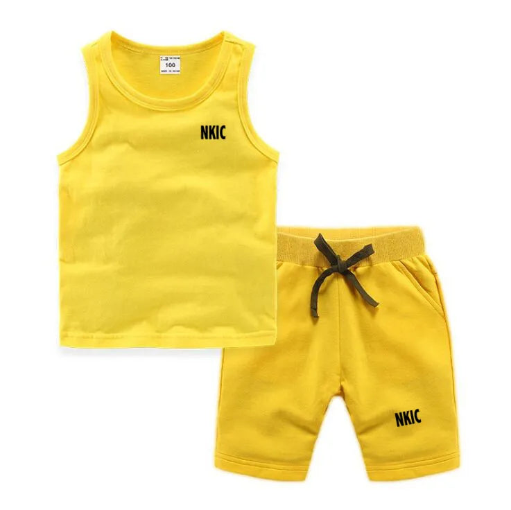 Fashion Brand Clothing Sets Summer Sleeveless 100% Cotton Vest Shorts Kids Tracksuit Thin Breathable Children's Sports Sets Boys