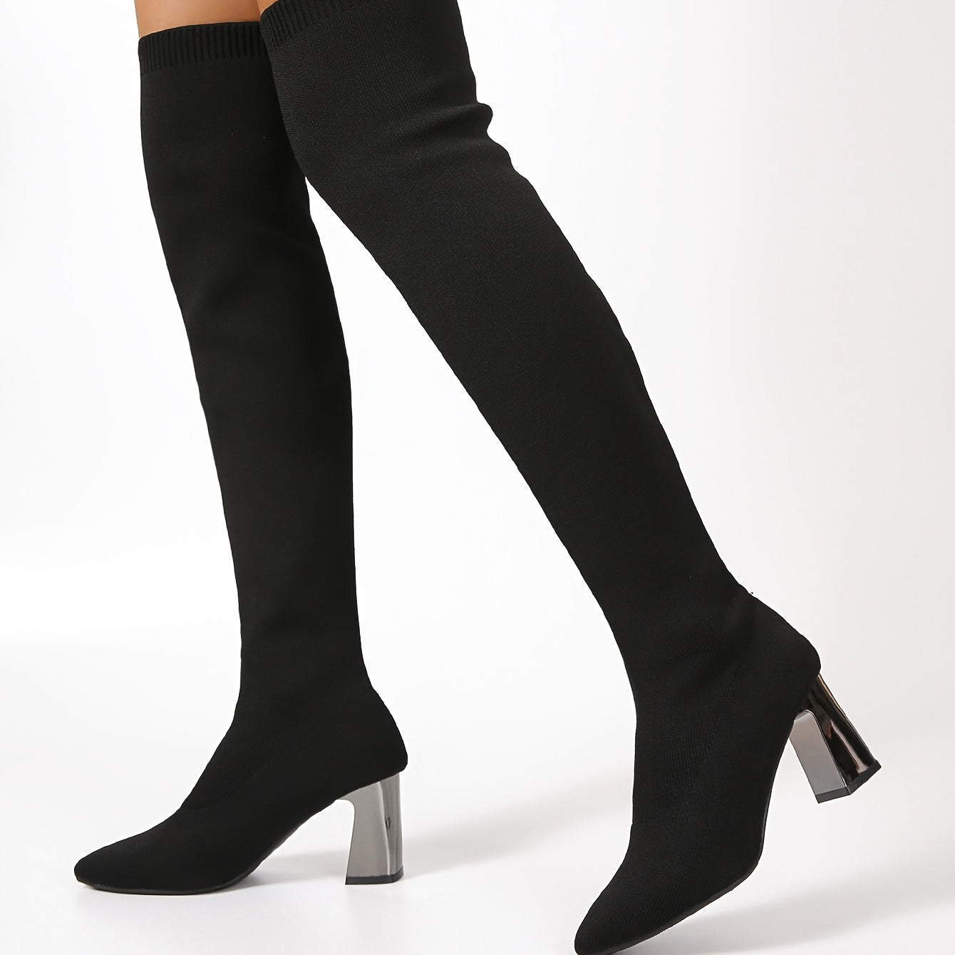 Stylish Women's Chunky Heel Thigh High Boots - Black Pointed Toe, High Heel, Sock Booties, Comfortable, Soft Upper, Adjustable Calf Strap, Perfect for Winter, Party, Daily Wear - Women's Footwear